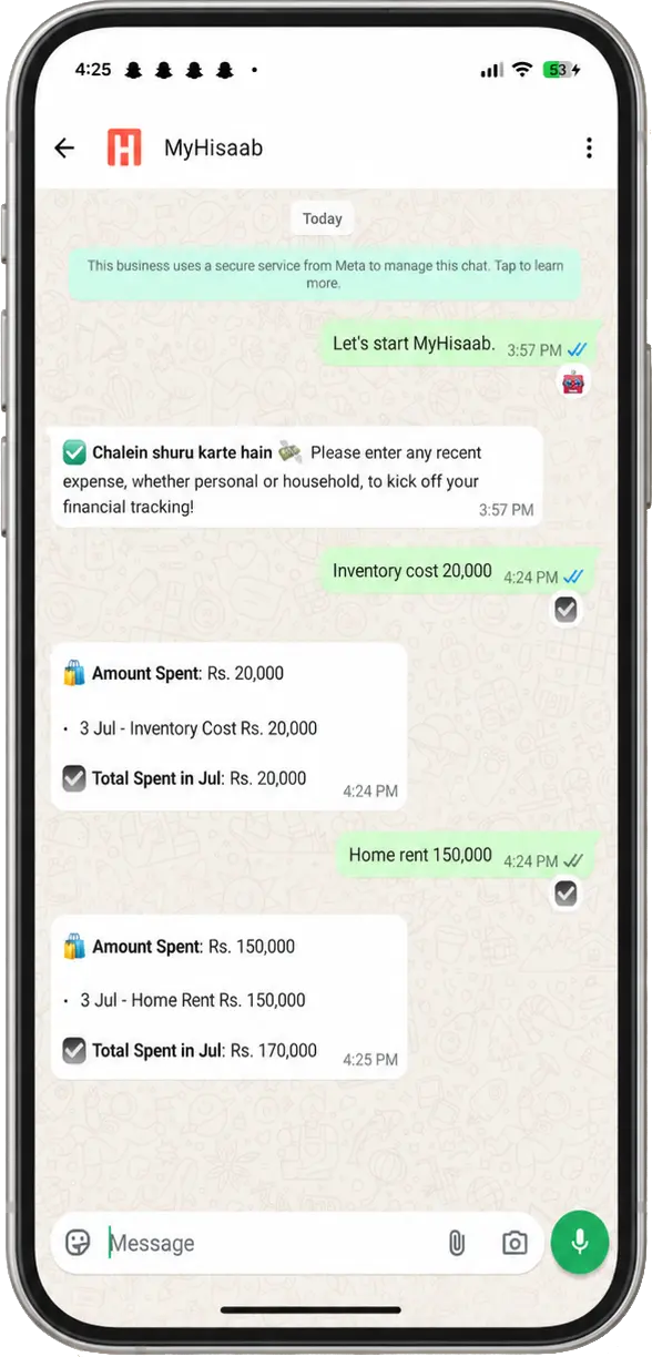 MyHisaab WhatsApp expense tracking conversation